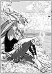  4_toes 5_fingers alanscampos anthro breasts cigarette clothed clothing detailed_background dragon ear_piercing female greyscale hair membranous_wings midriff monochrome outside piercing ring sitting smoking solo toes white_hair wings 