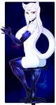  3_eyes anthro arm_warmers bardju butt clothing feline fur girly hair legwear looking_at_viewer male mammal multi_eye red_eyes rubber sitting smile solo thigh_highs white_fur white_hair 