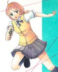  ahoge ansatsu_kyoushitsu gun handgun hayami_rinka kankichi looking_at_viewer orange_hair pistol school_uniform skirt solo weapon 