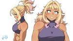  blonde_hair blush breasts commentary_request dark_skin green_eyes hair_down halter_top halterneck hori_shin large_breasts michelle_(hori_shin) multiple_views muscle muscular_female original ponytail profile tan 