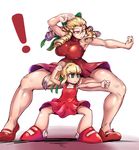  2girls :&lt; alternate_color alternate_costume armpits blonde_hair breasts capcom clenched_hand company_connection crossover dress drill_hair fighting_stance flat_chest green_eyes hair_ribbon kanzuki_karin multiple_girls player_2 ponytail red_dress redchicken ribbon rockman rockman_(classic) roll short_dress sleeveless sleeveless_dress spread_legs street_fighter street_fighter_v thick_thighs thighs toned yellow_eyes 