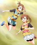  bike_shorts black_shorts brown_eyes brown_hair collarbone eyebrows eyebrows_visible_through_hair futami_ami futami_mami hair_bobbles hair_ornament idolmaster idolmaster_(classic) kiu_(dear_deer) long_hair multiple_girls one_side_up open_mouth short_hair shorts shorts_under_skirt side_ponytail skirt smile white_skirt zipper 