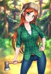  axe breasts burbur collarbone denim forest freckles fur_hat gravity_falls green_eyes hat jeans long_hair looking_at_viewer medium_breasts nature pants red_hair shirt smile solo ushanka weapon wendy_corduroy 