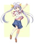  antenna_hair arm_up baggy_shorts bangs blue_shorts blush_stickers brown_eyes chestnut_mouth commentary_request full_body hair_between_eyes hair_ribbon highres ikomochi long_hair looking_at_viewer miyauchi_renge navel neck_ribbon non_non_biyori open_mouth outstretched_arm pink_ribbon purple_hair ribbon sailor_collar shoes short_sleeves shorts simple_background solo twintails two-tone_background very_long_hair white_legwear yellow_ribbon 