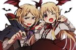  1girl ;) blonde_hair brother_and_sister cape claw_pose granblue_fantasy head_wings kyouna long_hair looking_to_the_side one_eye_closed open_mouth purple_eyes red_eyes shingeki_no_bahamut siblings simple_background smile vampire vampy veight white_background 