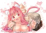  :d all_fours animal_ears black_legwear blush bow breast_rest breasts cat_ears cat_tail fang hair_bow hair_over_breasts highres kotonoha_akane large_breasts long_hair looking_at_viewer open_mouth pantyhose paw_pose pink_eyes pink_hair shirasagi_rokuwa smile solo tail voiceroid 