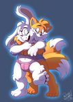  anthro asriel_dreemurr barefoot briefs bulge canine caprine clothing cub duo eyes_closed fox goat grin hug hugging_from_behind male male/male mammal midriff miles_prower navel on_one_leg open_mouth roarey_raccoon shirt signature smile sonic_(series) standing t-shirt undertale underwear video_games young 