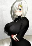  alternate_costume black_sweater blue_eyes blush breasts commentary covered_nipples embarrassed fingernails from_side hair_ornament hair_over_one_eye hairclip hamakaze_(kantai_collection) impossible_clothes impossible_sweater jewelry kantai_collection large_breasts long_sleeves necklace perepere-kun shadow short_hair silver_hair solo sweater turtleneck 