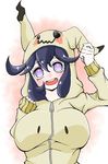  10s 1girl al_bhed_eyes female hex_maniac_(pokemon) hoodie mimikyu mimikyu_(cosplay) nintendo npc_trainer open_mouth pokemon pokemon_(game) pokemon_sm pokemon_xy purple_eyes purple_hair solo zipper 