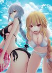  2girls ball bikini black_bikini blonde_hair blush braid breasts clavicle cleavage cloudy_sky fate/apocrypha fate/grand_order fate_(series) female highres holding_object large_breasts long_hair looking_at_viewer mirufi-yu multiple_girls open_mouth red_eyes ruler_(fate/apocrypha) ruler_(fate/grand_order) sideboob sky smile swimsuit tied_hair white_bikini white_hair white_swimsuit 