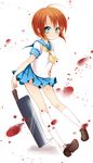  ahoge blood blood_splatter blue_eyes blue_skirt brown_footwear closed_mouth full_body hatchet higurashi_no_naku_koro_ni ie_(nyj1815) kneehighs miniskirt nose_hatchet orange_hair oriental_hatchet ryuuguu_rena school_uniform serafuku shoes short_hair skirt smile solo weapon white_background white_legwear 