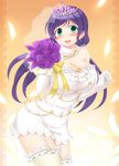  bouquet dress flower green_eyes highres long_hair looking_at_viewer love_live! love_live!_school_idol_festival love_live!_school_idol_project low_twintails purple_hair solo thighhighs toujou_nozomi twintails utomo wedding_dress 