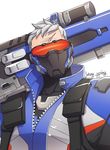 artist_name covered_mouth cowlick holding holding_weapon male_focus overwatch pping scar simple_background soldier:_76_(overwatch) solo visor weapon white_background white_hair 