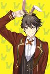  animal_ears black_hair bolo_tie brown_eyes bunny bunny_ears closers crown embarrassed formal hamu_(seu55) male_focus patterned_background seha_lee solo suit sweatdrop upper_body yellow_background 