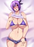  ayane_(doa) bare_arms bare_shoulders black_ribbon blush breasts cleavage clothes_lift collarbone commentary_request curvy dead_or_alive from_above groin head_tilt headband huge_breasts lifted_by_self looking_at_viewer lying megane_man navel nose_blush on_back open_mouth purple_bikini_top purple_hair red_eyes ribbon shiny shiny_skin short_hair short_shorts shorts skindentation solo stomach sweat tank_top underboob 