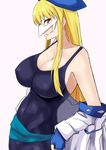  blonde_hair breasts cleavage fingerless_gloves gear_senshi_dendou gloves hat highres jacket jacket_removed large_breasts leotard long_hair looking_at_viewer looking_to_the_side mask red_eyes sash solo takara_joney vega_(dendoh) 