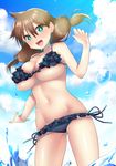  2016 :d amano_megumi amano_megumi_wa_suki_darake! aqua_eyes artist_name ass_visible_through_thighs bare_arms bikini blurry breasts brown_hair cloud cloudy_sky commentary_request dated day depth_of_field dutch_angle eyebrows_visible_through_hair frilled_bikini frills hair_between_eyes hattori_masaki large_breasts legs_apart long_hair low_twintails navel open_mouth outdoors outstretched_arm revealing_clothes side-tie_bikini skindentation sky smile solo splashing standing standing_on_liquid swimsuit thighs twintails underboob water wet 