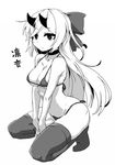  bikini bow breasts character_request choker copyright_request full_body greyscale hair_bow horns kneeling kouno_miki long_hair medium_breasts monochrome simple_background solo string_bikini swimsuit thighhighs white_background 