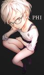  blue-framed_eyewear blue_eyes boots character_name from_above glasses hand_on_own_cheek highres kyokugen_dasshutsu looking_at_viewer paxio44 phi_(kyokugen_dasshutsu) shorts simple_background sitting solo white_hair zero_time_dilemma 