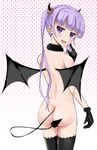  ass back bangs black_gloves black_legwear blunt_bangs blush demon_girl demon_horns demon_tail demon_wings fang finger_to_cheek from_behind fur_trim gloves horns long_hair looking_at_viewer looking_back naughty_face new_game! nude purple_eyes purple_hair rocha_(aloha_ro_cha) smile solo suzukaze_aoba tail tail_censor thighhighs twintails wings 