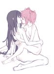  akemi_homura black_hair closed_eyes couple hug kaname_madoka kiss long_hair mahou_shoujo_madoka_magica monochrome multiple_girls nude parted_lips pink_hair profile sitting sitting_on_lap sitting_on_person sketch spot_color touching very_long_hair wariza yuri yuuya- 