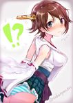  /\/\/\ 1girl artist_name bare_shoulders blue_eyes blush breasts brown_hair commentary_request covering covering_ass detached_sleeves headgear hiei_(kantai_collection) highres japanese_clothes kantai_collection large_breasts looking_at_viewer nontraditional_miko panties pantyshot short_hair solo striped striped_panties sukemyon sweatdrop twitter_username underwear 