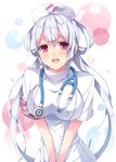  ahoge floating_hair hair_between_eyes hat long_hair looking_at_viewer matoi_(pso2) milkpanda nurse nurse_cap phantasy_star phantasy_star_online_2 red_eyes shirt short_sleeves silver_hair solo stethoscope twintails upper_body very_long_hair white_shirt 