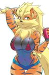  2019 absurd_res anthro anthrofied arcanine arcee_(unicorn_lord) big_breasts bikini breasts canid canine clothed clothing digital_media_(artwork) eyelashes female fur hair hi_res looking_at_viewer mammal nintendo pok&eacute;mon pok&eacute;mon_(species) pok&eacute;morph shorts simple_background skimpy smile solo swimsuit the-unicorn-lord video_games 