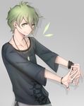  amami_rantarou bangle bracelet danganronpa earrings green_eyes green_hair grey_background highres jewelry looking_at_viewer necklace new_danganronpa_v3 paxio44 ring shirt simple_background smile striped striped_shirt 