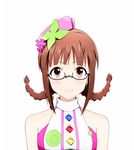  akizuki_ritsuko bare_shoulders braid brown_eyes brown_hair glasses idolmaster idolmaster_(classic) kiu_(dear_deer) looking_at_viewer princess_melody_(idolmaster) short_hair simple_background smile solo upper_body white_background 