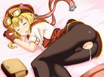  after_sex after_vaginal ass bed_sheet blush closed_eyes cum cum_in_pussy cumdrip eiyuu_densetsu hat hou_(hachiyou) lying on_side open_mouth pantyhose solo sora_no_kiseki sweat tears tita_russell torn_clothes torn_legwear 