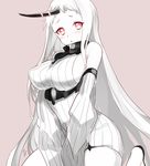  bare_shoulders blush breasts detached_sleeves dress horn kantai_collection large_breasts long_hair looking_at_viewer mirakururu open_mouth pale_skin red_eyes seaport_hime shinkaisei-kan short_dress sideboob signature simple_background solo v_arms very_long_hair white_hair 