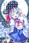  :d bad_id bad_pixiv_id blue_eyes blue_hair blue_skirt character_name copyright_name cowboy_shot doily floral_background hat high-waist_skirt ie_(nyj1815) juliet_sleeves long_sleeves mahou_shoujo_madoka_magica miki_sayaka one_eye_closed open_mouth polka_dot polka_dot_background puffy_long_sleeves puffy_sleeves salute short_hair skirt smile solo teeth unmoving_pattern 