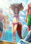 3boys animal_ears arm_up bikini blade_&amp;_soul blonde_hair breasts brown_eyes brown_hair carbon12th cleavage cloud day dog_ears faceless faceless_female faceless_male hand_on_headwear hat highres long_hair long_tail lyn_(blade_&amp;_soul) mouse_ears multiple_boys multiple_girls navel paws sandals short_hair shorts sky small_breasts smile sun_hat swimsuit tail toes underboob 