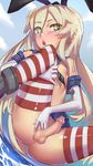  +_+ 1boy :&lt; androgynous blonde_hair censored cloud crossdressing day elbow_gloves eyebrows hair_ornament kantai_collection long_hair looking_at_viewer mosaic_censoring navel nipples open_mouth penis senkou_tobaku shimakaze_(kantai_collection) shiny shiny_clothes shiny_skin skirt sky solo squatting striped_legwear testicles thighhighs trap water white_gloves 