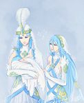  2girls alternate_costume aqua_(fire_emblem_if) artist_name azurmet baby beamed_eighth_notes blue_hair blue_ribbon breasts bridal_gauntlets cape dress earrings eighth_note elbow_gloves eyelashes eyeshadow fire_emblem fire_emblem_if gloves grandmother_and_grandson head_feathers holding jewelry lips long_hair makeup medium_breasts mother_and_daughter mother_and_son multiple_girls musical_note pointy_ears ribbon shenmei_(fire_emblem_if) shigure_(fire_emblem_if) short_hair signature smile strapless strapless_dress veil very_long_hair white_cape white_dress yellow_eyes younger 