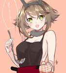  apron bare_shoulders breasts brown_hair green_eyes hairband kantai_collection ladle large_breasts looking_at_viewer mirakururu mutsu_(kantai_collection) naked_apron open_mouth oven_mitts pot short_hair sideboob signature simple_background sketch solo translated 