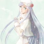  bad_id bad_pixiv_id blue_eyes flower from_side gloves hands_clasped hat log_horizon long_hair looking_at_viewer moguraana own_hands_together red_flower reinesia_el_arte_cowen scarf silver_hair solo white_gloves white_hat white_scarf 