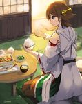  bare_shoulders blue_eyes boots bowl brown_hair detached_sleeves fish food green_skirt headgear hiei_(kantai_collection) japanese_clothes kantai_collection lansane nontraditional_miko ribbon-trimmed_sleeves ribbon_trim rice short_hair shouji sitting skirt sliding_doors smile solo soup steam table tatami thigh_boots thighhighs wooden_spoon 