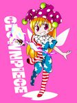  american_flag_dress american_flag_legwear blonde_hair byourou character_name clenched_teeth clownpiece fairy_wings full_body grin hat jester_cap leg_lift long_hair pink_background polka_dot red_eyes smile solo striped striped_legwear teeth torch touhou wings 