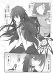  1girl alternate_costume bishounen blush chinese comic crimson_avenger_(elsword) elesis_(elsword) elsword greyscale highres long_hair monochrome raven_(elsword) sparkle translated veteran_commander_(elsword) waero 