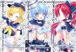  :d anchor_symbol arm_behind_back arms_behind_back blonde_hair blue_bow blue_eyes blue_hair blue_skirt bow bracelet character_name choker copyright_name cowboy_shot detached_collar drill_hair hair_bow hat high_ponytail ie_(nyj1815) jewelry long_hair looking_at_viewer mahou_shoujo_madoka_magica midriff miki_sayaka miniskirt multiple_girls one_eye_closed open_mouth polka_dot polka_dot_background ponytail red_eyes red_hair sailor_collar sailor_hat sakura_kyouko short_hair short_shorts shorts skirt sleeveless smile star swimsuit tomoe_mami twin_drills v_arms very_long_hair white_swimsuit wrist_cuffs zipper 