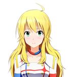  ahoge blonde_hair collar collarbone green_eyes hoshii_miki idolmaster idolmaster_(classic) kiu_(dear_deer) long_hair simple_background smile solo starpiece_memories upper_body white_background 