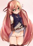 arisa_(shadowverse) belt blonde_hair blush boots elbow_gloves gloves green_eyes hair_ribbon heart highres long_hair muoto panties panty_pull pointy_ears ribbon shadowverse side-tie_panties skirt skirt_lift smile solo standing thigh_boots thighhighs underwear very_long_hair 