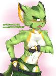 anthro blush carol_tea cat clothed clothing feline female freedom_planet fur green_eyes green_fur mammal simple_background topless unclothing video_games wildcat zelen 