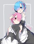  blue_eyes blue_hair detached_sleeves eyes_visible_through_hair frilled_sleeves frills hair_ornament hair_over_one_eye hair_ribbon highres hug hug_from_behind long_hair maid maid_headdress masamuuu multiple_girls pink_hair ram_(re:zero) re:zero_kara_hajimeru_isekai_seikatsu red_eyes rem_(re:zero) ribbon ribbon_trim short_hair siblings sisters twins x_hair_ornament 