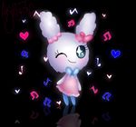  &lt;3 black_background blush bow clothing cute dress female glowing green_eyes legwear looking_at_viewer lovelitchi musical_note one_eye_closed reflection simple_background stockings tamagotchi unknown_artist wink 