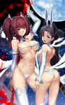  alternate_hairstyle angel_wings animal_ears ass bikini black_hair blue_eyes blush breasts bunny_ears cosplay covered_nipples detached_sleeves fate/grand_order fate_(series) front-tie_top full_moon gae_bolg highres jirusu kuramoto_erika kuramoto_erika_(cosplay) large_breasts long_hair looking_back mahou_shoujo_(raita) micro_bikini moon multiple_girls navel nitta_yui nitta_yui_(cosplay) off_shoulder open_mouth polearm purple_hair red_eyes scathach_(fate)_(all) scathach_(fate/grand_order) shiny shiny_skin spear strap_slip swimsuit thighhighs two_side_up ushiwakamaru_(fate/grand_order) weapon wings 