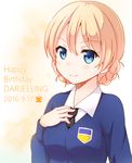  bangs blonde_hair blue_eyes blue_sweater blush braid breasts commentary_request darjeeling dress_shirt emblem girls_und_panzer hand_on_own_chest happy_birthday kurose_yuuki long_sleeves looking_at_viewer medium_breasts necktie school_uniform shirt short_hair solo st._gloriana's_school_uniform star starry_background sweater tied_hair twin_braids v-neck white_shirt 