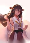  bare_shoulders black_hair detached_sleeves hair_between_eyes hair_ornament hairband hairclip haruna_(kantai_collection) headgear japanese_clothes kantai_collection lips long_hair nontraditional_miko skirt skirt_set smile sola7764 solo upper_body wide_sleeves yellow_eyes 